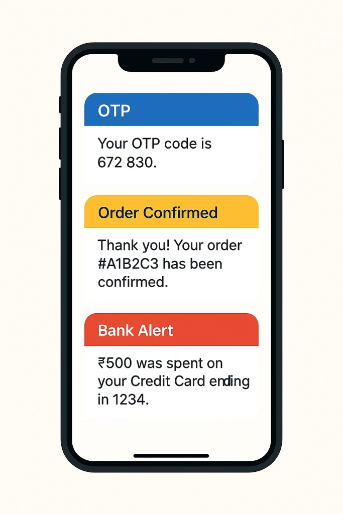 Transactional SMS, Fintech messaging smartphone with OTP, bank alerts, and WhatsApp SMS notifications
