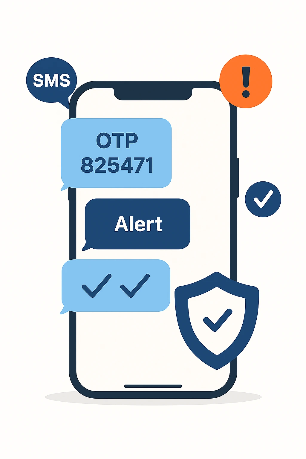 Flat vector illustration showing industry icons – bank, shopping cart, stethoscope, airplane, and book – connected with SMS bubbles, representing bulk SMS communication across finance, retail, healthcare, travel, and education sectors by Crunchy Transactional SMS