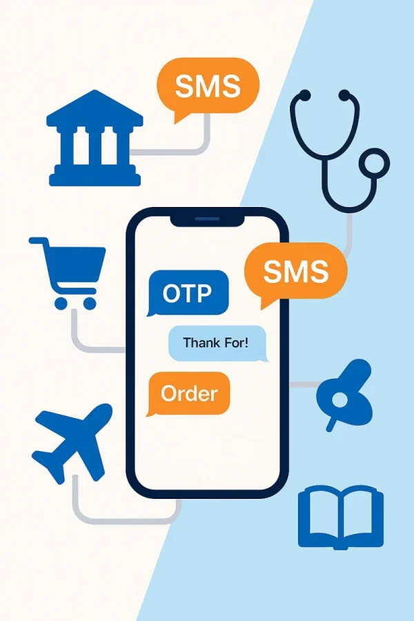 Vector illustration showing industry icons (bank, shopping cart, stethoscope, airplane, book) connected with SMS bubbles for business communication.