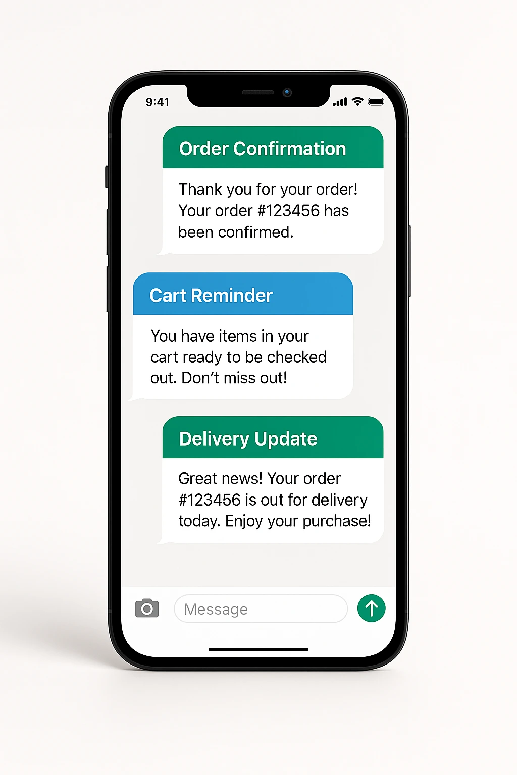 E-commercial Messaging Smart phoneshowing e-commerce messages: order confirmation, cart reminder, and delivery update in one screen.