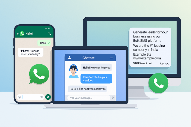 Full-width hero banner showing WhatsApp chat, SMS popup, chatbot interface, and call icon on multiple devices.