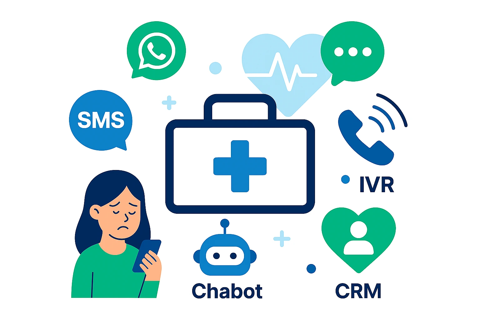 Icons representing healthcare messaging services including WhatsApp, SMS, RCS, IVR, Chatbot, and CRM.