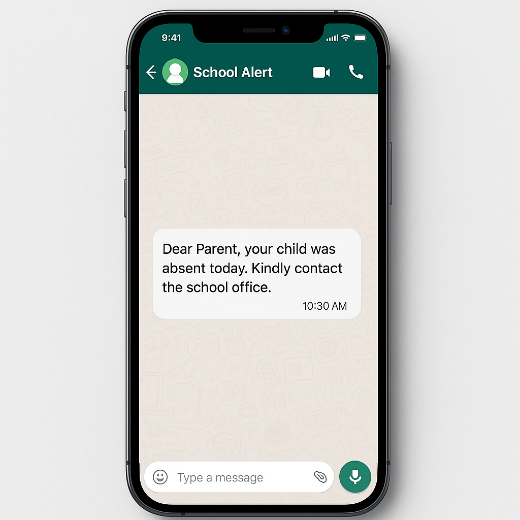 WhatsApp message to parent: Your child was absent today – school alert notification